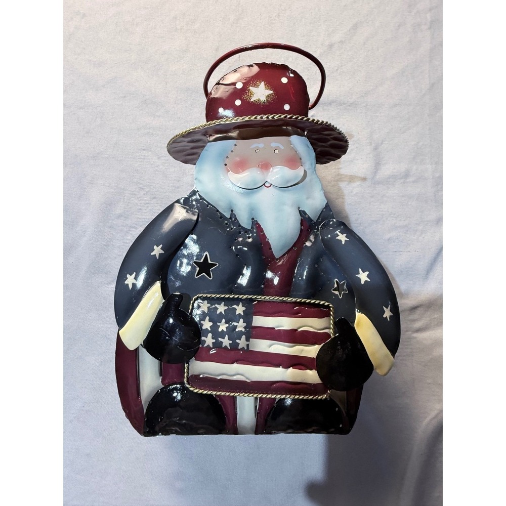 Patriotic Santa Claus Metal Lantern Americana Flag Tea Light Candle Holder 8in